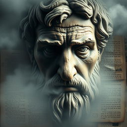 A mystical artistic depiction of Aristotle's face, highlighting deep wrinkles that signify his profound wisdom, shrouded in a gentle mist or fog