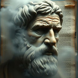 A mystical artistic depiction of Aristotle's face, highlighting deep wrinkles that signify his profound wisdom, shrouded in a gentle mist or fog