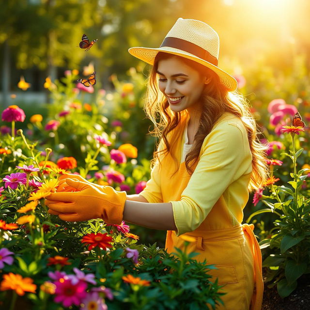 A young woman, representing a mindset of environmental care, gently taking care of a beautiful garden complete with colorful flowers and flourishing greenery