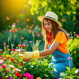 A young woman, representing a mindset of environmental care, gently taking care of a beautiful garden complete with colorful flowers and flourishing greenery