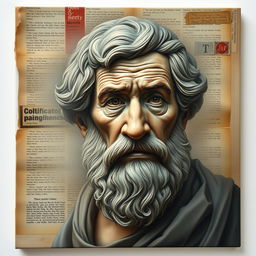 A lifelike yet stylized portrait of Aristotle, emphasizing deep wrinkles that reflect his wisdom, enveloped in a soft, misty atmosphere