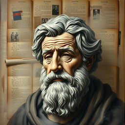 A lifelike yet stylized portrait of Aristotle, emphasizing deep wrinkles that reflect his wisdom, enveloped in a soft, misty atmosphere
