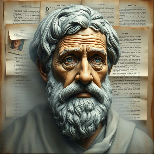 A lifelike yet stylized portrait of Aristotle, emphasizing deep wrinkles that reflect his wisdom, enveloped in a soft, misty atmosphere