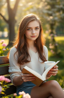 A 22-year-old young woman with deep blue eyes and chestnut hair, sitting on a park bench