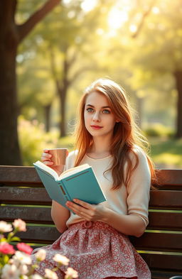 A 22-year-old young woman with deep blue eyes and chestnut hair, sitting on a park bench