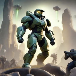 An evocative scene from Halo Infinite, showcasing Spartan soldiers clad in Mjolnir armor, engaged in a fierce battle against a backdrop of alien landscapes and strange structures