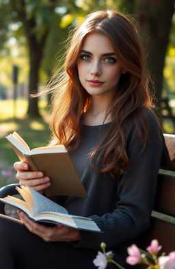 A 22-year-old young woman with deep blue eyes and chestnut hair, sitting on a park bench