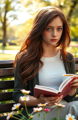 A 22-year-old young woman with deep blue eyes and chestnut hair, sitting on a park bench