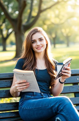 A young woman, around 22 years old, with dark blue eyes and chestnut brown hair, sitting on a park bench