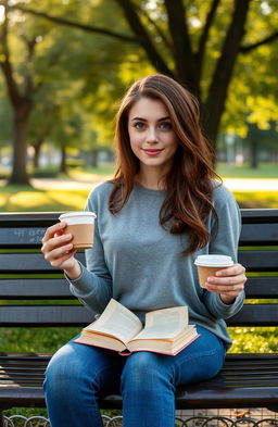 A young woman, around 22 years old, with dark blue eyes and chestnut brown hair, sitting on a park bench