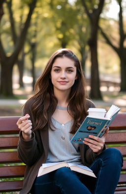 A young woman, around 22 years old, with dark blue eyes and chestnut brown hair, sitting on a park bench