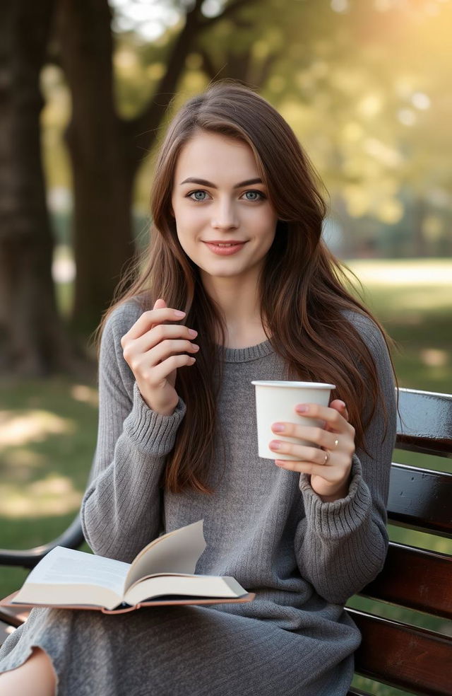 A young woman, around 22 years old, with dark blue eyes and chestnut brown hair, sitting on a park bench