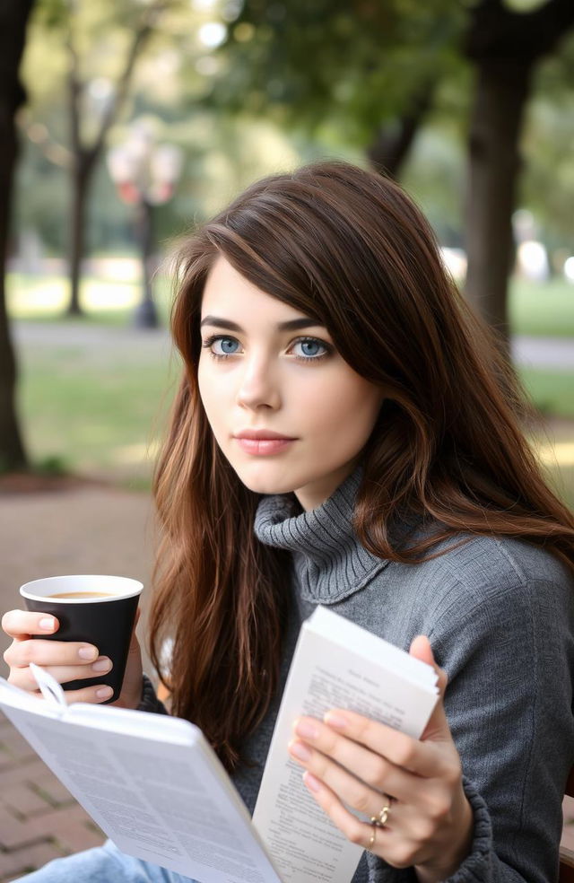 A young woman around 22 years old with dark blue eyes and chestnut hair, sitting on a bench in a serene park environment with a book in one hand and a cup of coffee in the other