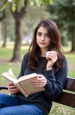 A young woman around 22 years old with dark blue eyes and chestnut hair, sitting on a bench in a serene park environment with a book in one hand and a cup of coffee in the other