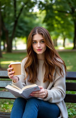 A young woman around 22 years old with dark blue eyes and chestnut hair, sitting on a bench in a serene park environment with a book in one hand and a cup of coffee in the other