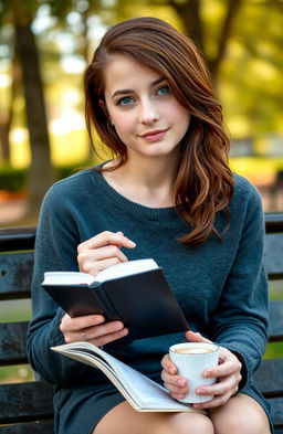 A young woman around 22 years old with dark blue eyes and chestnut hair, sitting on a bench in a serene park environment with a book in one hand and a cup of coffee in the other