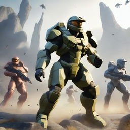 An evocative scene from Halo Infinite, showcasing Spartan soldiers clad in Mjolnir armor, engaged in a fierce battle against a backdrop of alien landscapes and strange structures