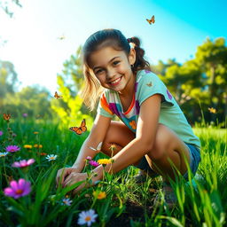 A teenage girl in a beautiful, lush green park, joyfully taking care of nature