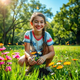 A teenage girl in a beautiful, lush green park, joyfully taking care of nature