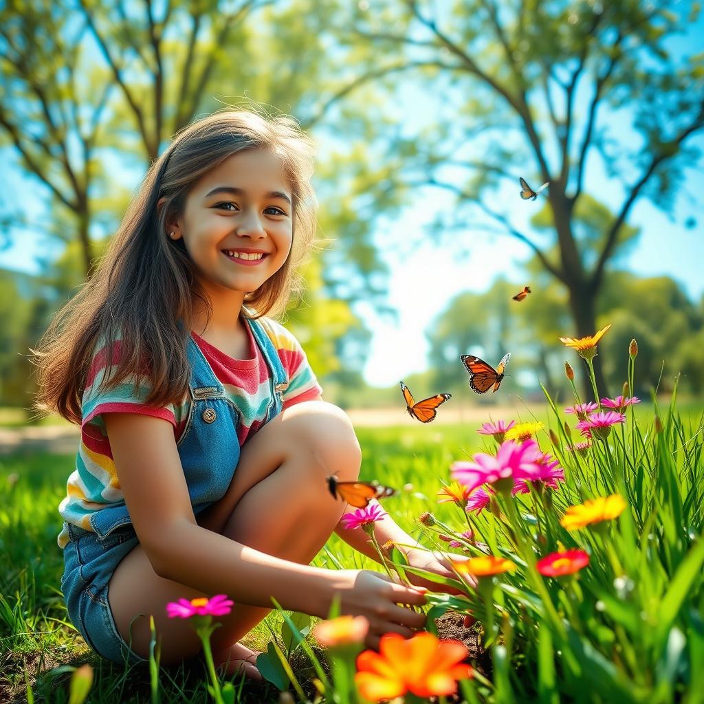 A teenage girl in a beautiful, lush green park, joyfully taking care of nature