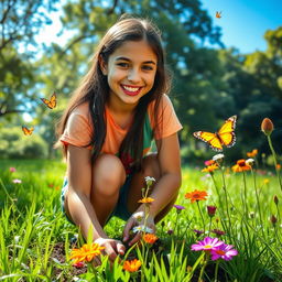 A teenage girl in a beautiful, lush green park, joyfully taking care of nature