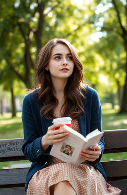 A young woman around 22 years old with dark blue eyes and chestnut hair, sitting on a bench with a book in one hand and a cup of coffee in the other