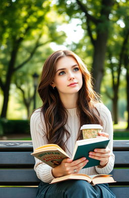 A young woman around 22 years old with dark blue eyes and chestnut hair, sitting on a bench with a book in one hand and a cup of coffee in the other