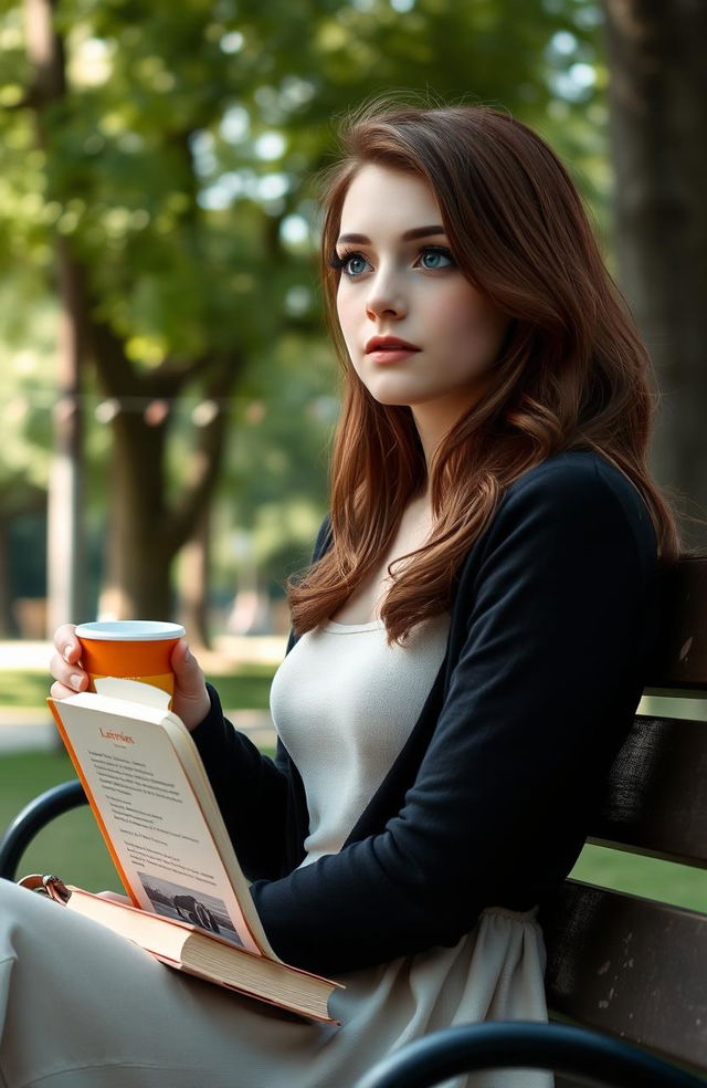 A young woman around 22 years old with dark blue eyes and chestnut hair, sitting on a bench with a book in one hand and a cup of coffee in the other