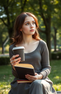 A young woman around 22 years old with dark blue eyes and chestnut hair, sitting on a bench with a book in one hand and a cup of coffee in the other