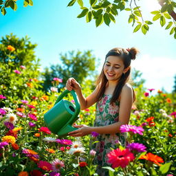 A pretty teenage girl in a vibrant garden, happily taking care of nature