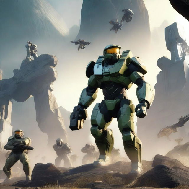 An evocative scene from Halo Infinite, showcasing Spartan soldiers clad in Mjolnir armor, engaged in a fierce battle against a backdrop of alien landscapes and strange structures