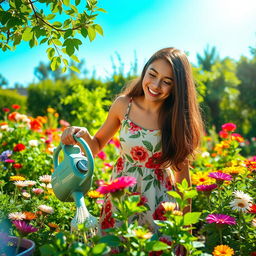 A pretty teenage girl in a vibrant garden, happily taking care of nature