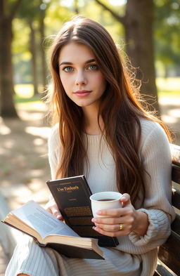 A young woman around 22 years old with dark blue eyes and chestnut brown hair, sitting on a bench holding a book and a cup of coffee