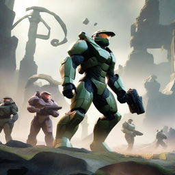 An evocative scene from Halo Infinite, showcasing Spartan soldiers clad in Mjolnir armor, engaged in a fierce battle against a backdrop of alien landscapes and strange structures