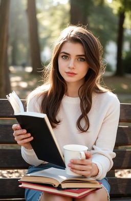 A young woman around 22 years old with dark blue eyes and chestnut brown hair, sitting on a bench holding a book and a cup of coffee