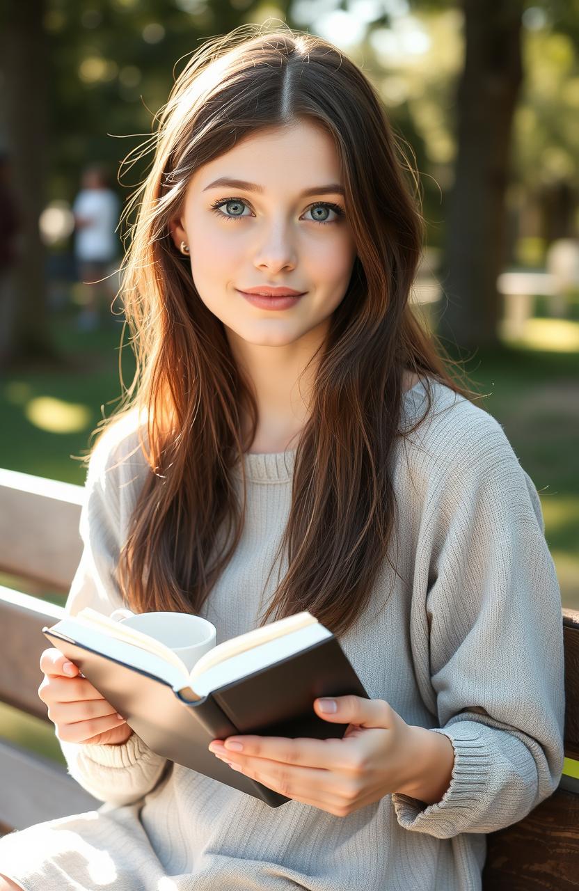 A young woman around 22 years old with dark blue eyes and chestnut brown hair, sitting on a bench holding a book and a cup of coffee