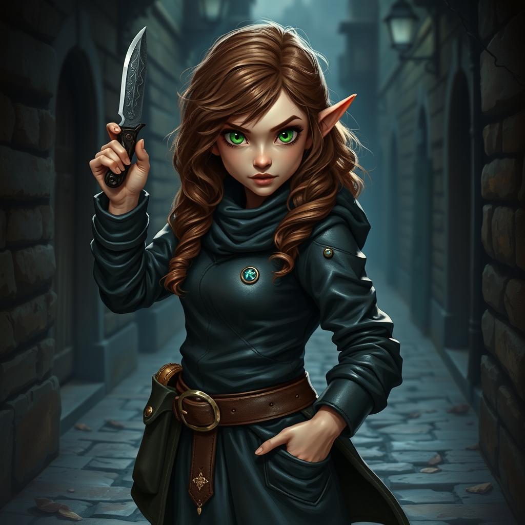 A female halfling thief in a fantasy setting, skillfully holding a dagger in her left hand