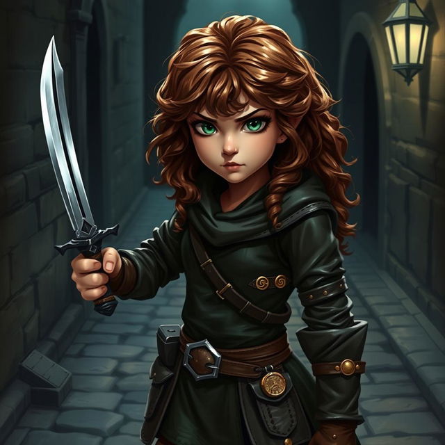 A female halfling thief in a fantasy setting, skillfully holding a dagger in her left hand