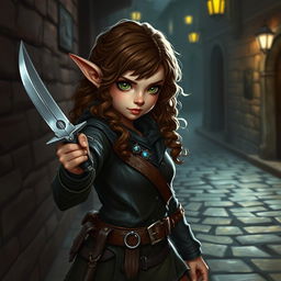 A female halfling thief in a fantasy setting, skillfully holding a dagger in her left hand