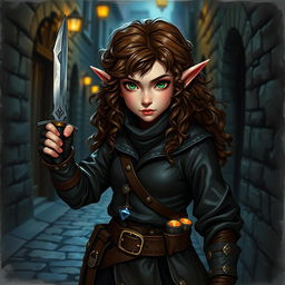 A female halfling thief in a fantasy setting, skillfully holding a dagger in her left hand