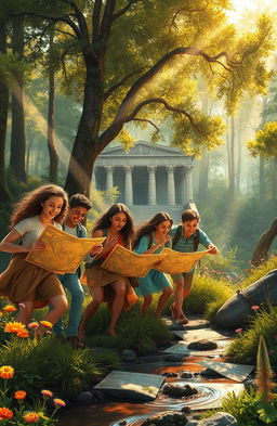 A serene landscape depicting a group of diverse individuals passionately searching for a lost treasure, intricately designed maps in their hands