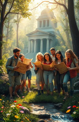 A serene landscape depicting a group of diverse individuals passionately searching for a lost treasure, intricately designed maps in their hands