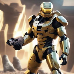 A robotic Spartan from the Halo universe, it's metallic body gleaming in the alien sun, armed with energy weapons and ready to engage in high-tech combat