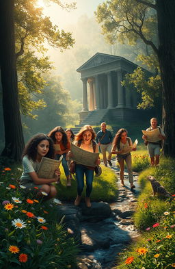 A serene landscape depicting a group of diverse individuals passionately searching for a lost treasure, intricately designed maps in their hands