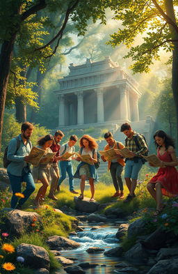 A serene landscape depicting a group of diverse individuals passionately searching for a lost treasure, intricately designed maps in their hands