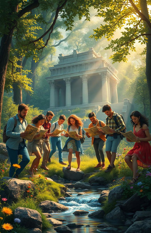 A serene landscape depicting a group of diverse individuals passionately searching for a lost treasure, intricately designed maps in their hands