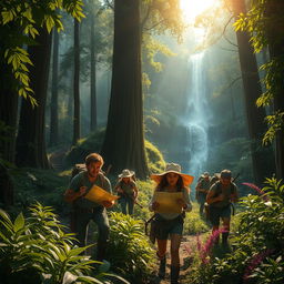 A captivating scene of a thrilling quest for a lost artifact, set in an enchanting forest filled with towering trees and vibrant foliage