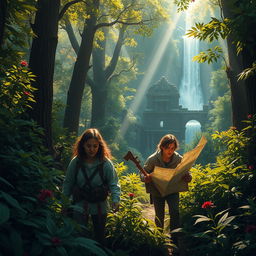 A captivating scene of a thrilling quest for a lost artifact, set in an enchanting forest filled with towering trees and vibrant foliage