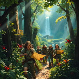 A captivating scene of a thrilling quest for a lost artifact, set in an enchanting forest filled with towering trees and vibrant foliage