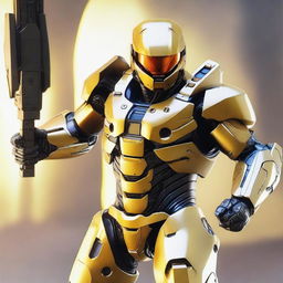 A robotic Spartan from the Halo universe, it's metallic body gleaming in the alien sun, armed with energy weapons and ready to engage in high-tech combat